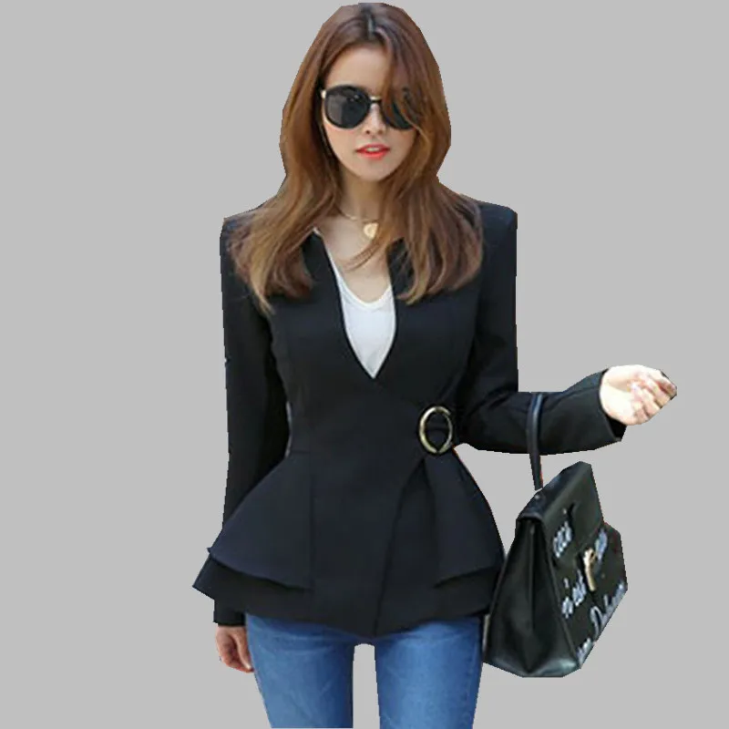 

JSXDHK Office Lady Women Blazer Coat 2021 Spring Formal Ruffles Long Sleeve Tie Blazers Business Sexy V Neck Work Jacket Coat