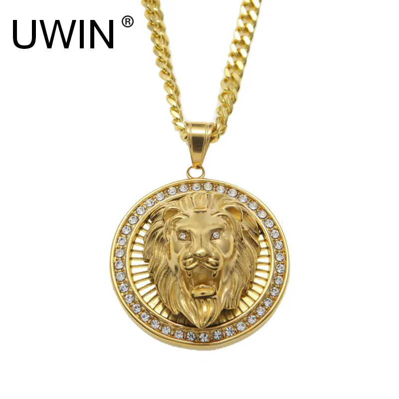 UWIN Мужская подвеска в стиле хип-хоп с круглой головой льва из нержавеющей стали