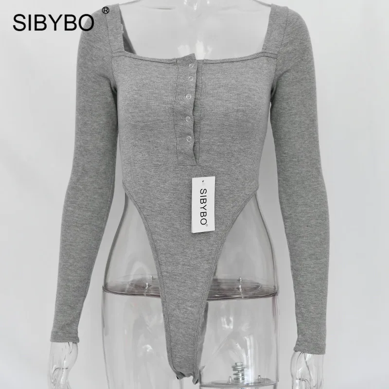 Серый Sibybo, хлопковый сексуальный женский комбинезон с вырезом лодочкой, Осень-зима, Облегающий комбинезон с длинным рукавом, Женский Повседневный комбинезон с пуговицами - Цвет: Серый