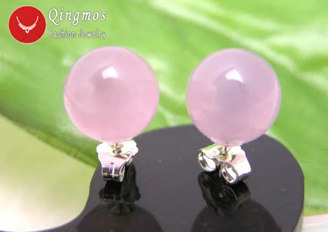 Qingmos Round Natural Jades Earrings for Women with 8mm Pink Trendy Stering Silver 925 Stud Earring-ear133 | Украшения и