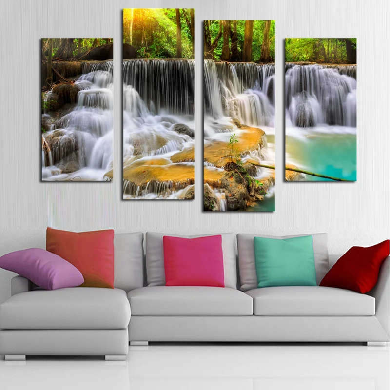 Без рамки 4 панели водопад с деревом Большой HD картина декоративная живопись на