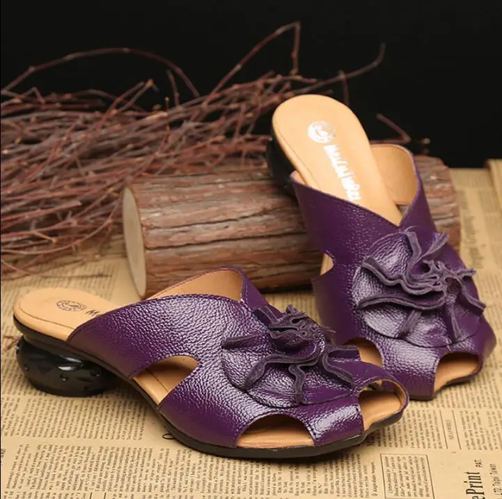 2021 Summer New Cold Slippers Female Genuine Leather Shoes Baotou Hollow Handmade Slippers Girl