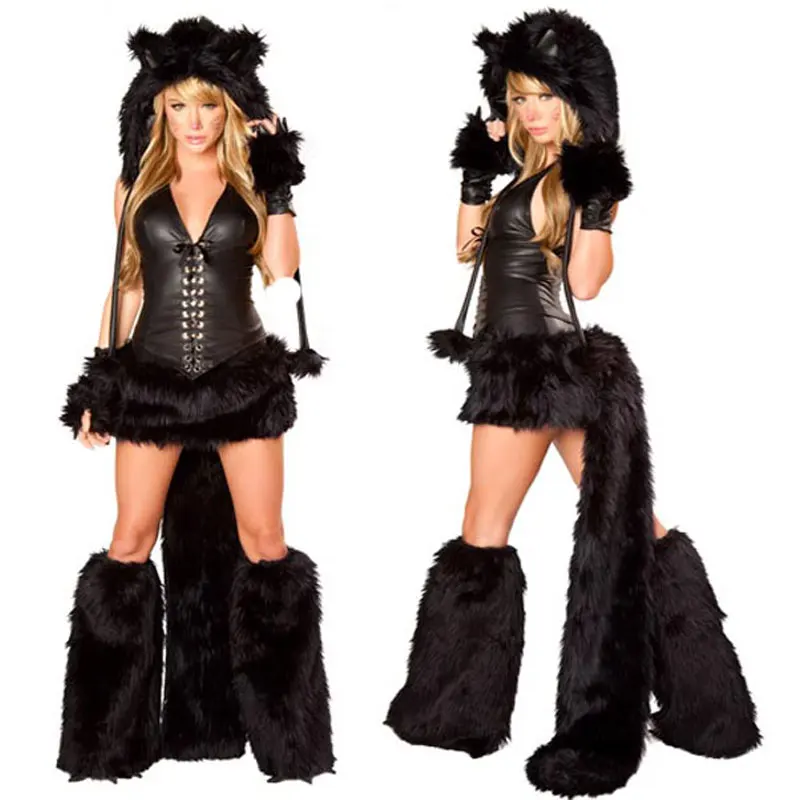 

Cute sexy black vinyl cat costume with faux fur animal vinyl halloween catwomen costume w1179