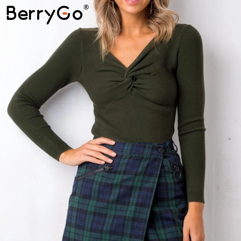 BerryGo Criss cross v neck knitted sweater women Long sleeve winter 2018 pullover All match jumper pull femme pink | Женская одежда
