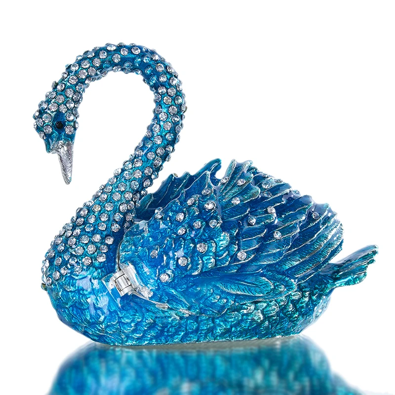 

H&D Elegant Blue Swan Trinket Keepsake Box Ornament Crystals Hinged Figurine Collectible Bejeweled Ring Holder Wedding Favors