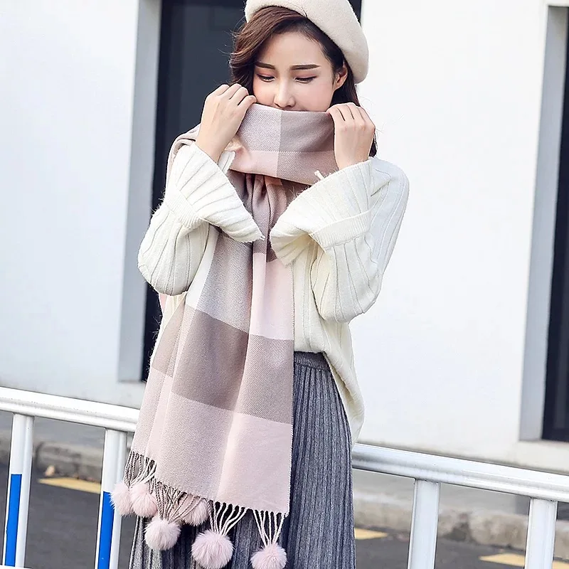 

New fashion hair ball ball scarf female winter wild students British lattice tassel warm scarf soft sister sweet cute