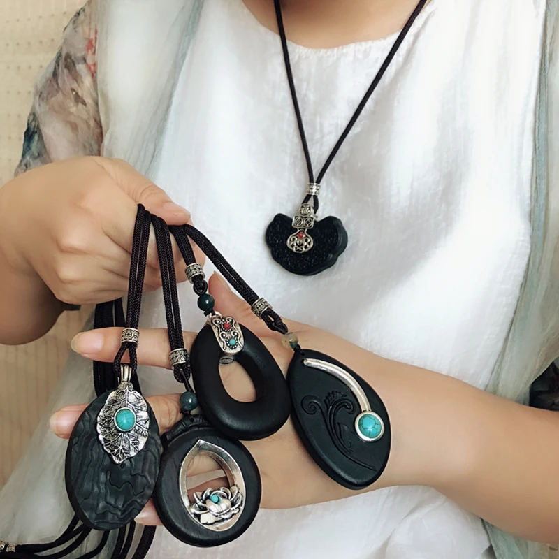 Yumfeel Brand Bohemia Vintage Necklaces Handmade Tibetan Carving Black Sandalwood Pendants& Necklaces Women Jewelry Long Gifts