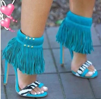 

Women Flock Suede Leather Fringe Decoration Sandals Summer Sexy Mixed Color Open Toe High Thin Heel Party Shoes Plus Size