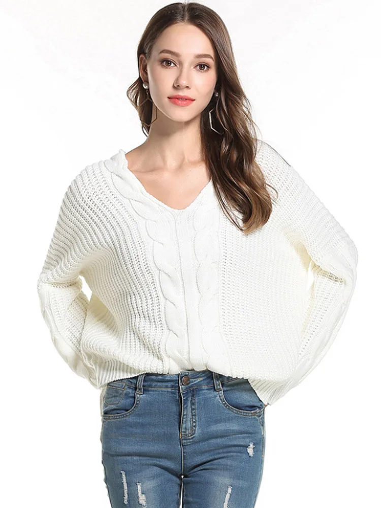 2019 Autumn Winter New Sweater European American Women's V-neck Fashion Solid Color Twisted Loose Pullover Sweaters Female M061 | Женская