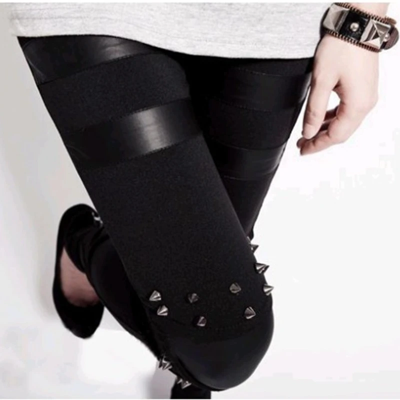 Punk fabric and fake Leather Leggings Women Sexy black patchwork Pants Stretch Gothic pant lady sexy Rivit Leggins Slim capris | Женская