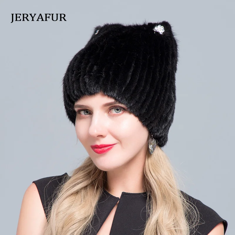 Женская зимняя шапка JERYAFUR лыжная из норкового меха пуловер со стразами меховая с