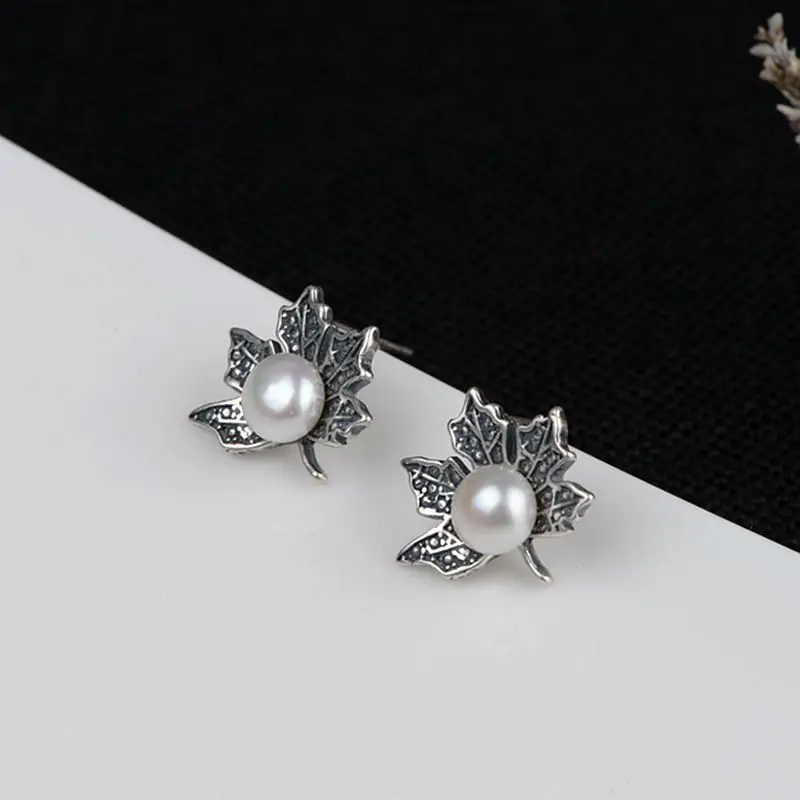 FNJ Freshwater Pearl Earrings Leaf 925 Silver boucle d'oreille for Women Jewelry S925 Sterling Stud Earring Romantic | Украшения и