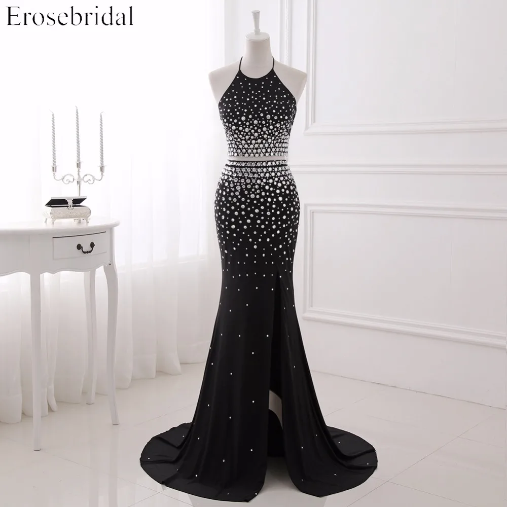 Женское вечернее платье русалка черное с открытой спиной и лямкой на шее