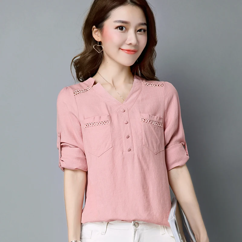 Plus Size V-Neck Casual Female Blouse Shirt Women Basic Long Sleeve Tops Linen and Cotton White Pink Blue Blusa Blouses |