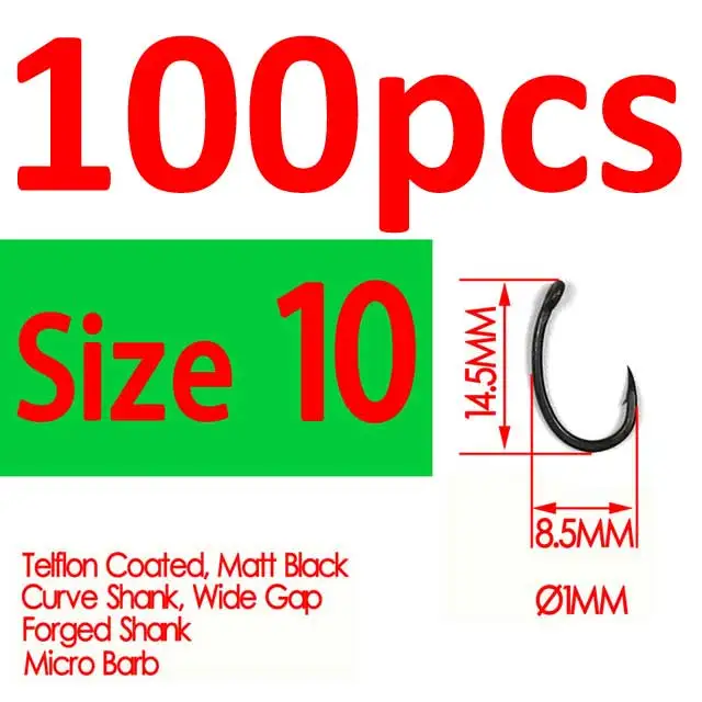 100pcs size 10 Bimoo 100 шт. крючки для карпа с тефлоновым покрытием Yn из высокоуглеродистой стали матовые черные с шипом Размер 2 4 6 8 10 Европейский японский рыболовный крючок для карпа - Цвет: 100pcs size 10