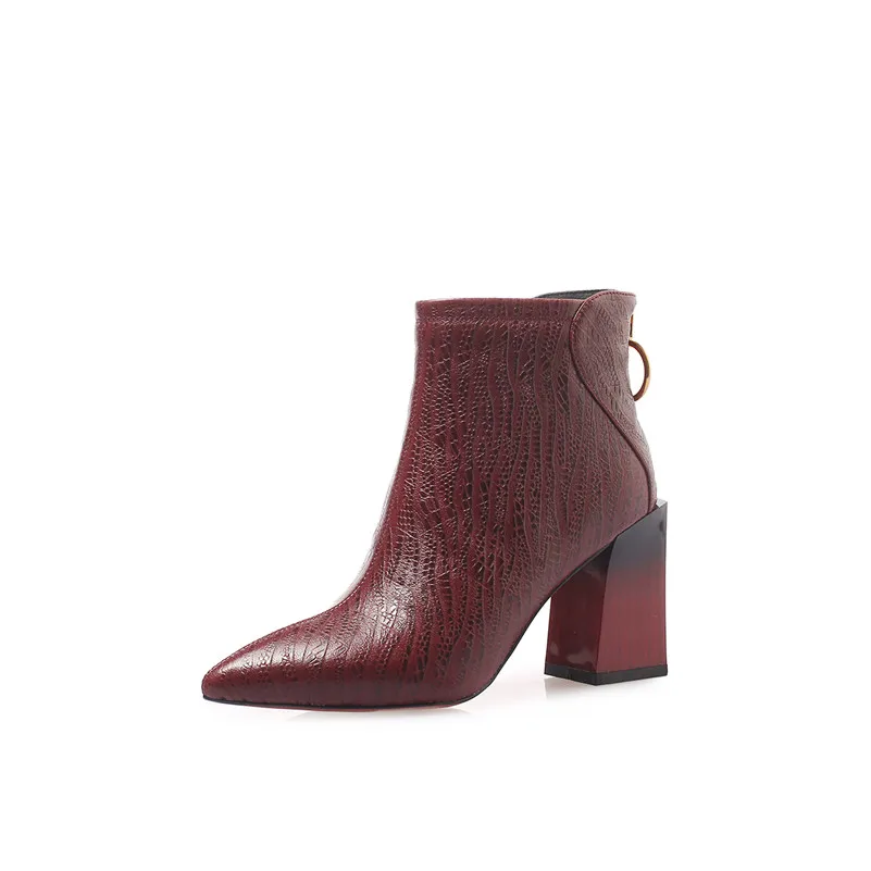 Wine Red Synthetic L ANNYMOLI/женские ботинки; Зимние ботильоны из натуральной кожи; полусапожки на высоком каблуке; обувь с острым носком на молнии; Женская Осенняя обувь; Размер 39 - Цвет: Wine Red Synthetic L