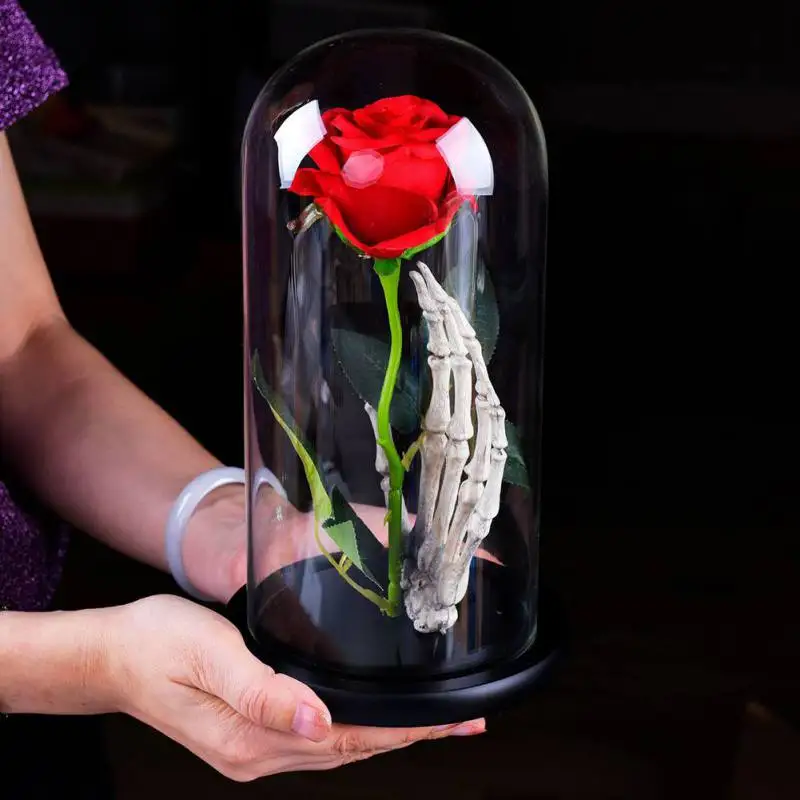 

Romantic Artificial Rose With Lampshade Valentine's Day Wedding Rose Gifts With Skeleton Hand Wooden Base Home Romantic Figurine