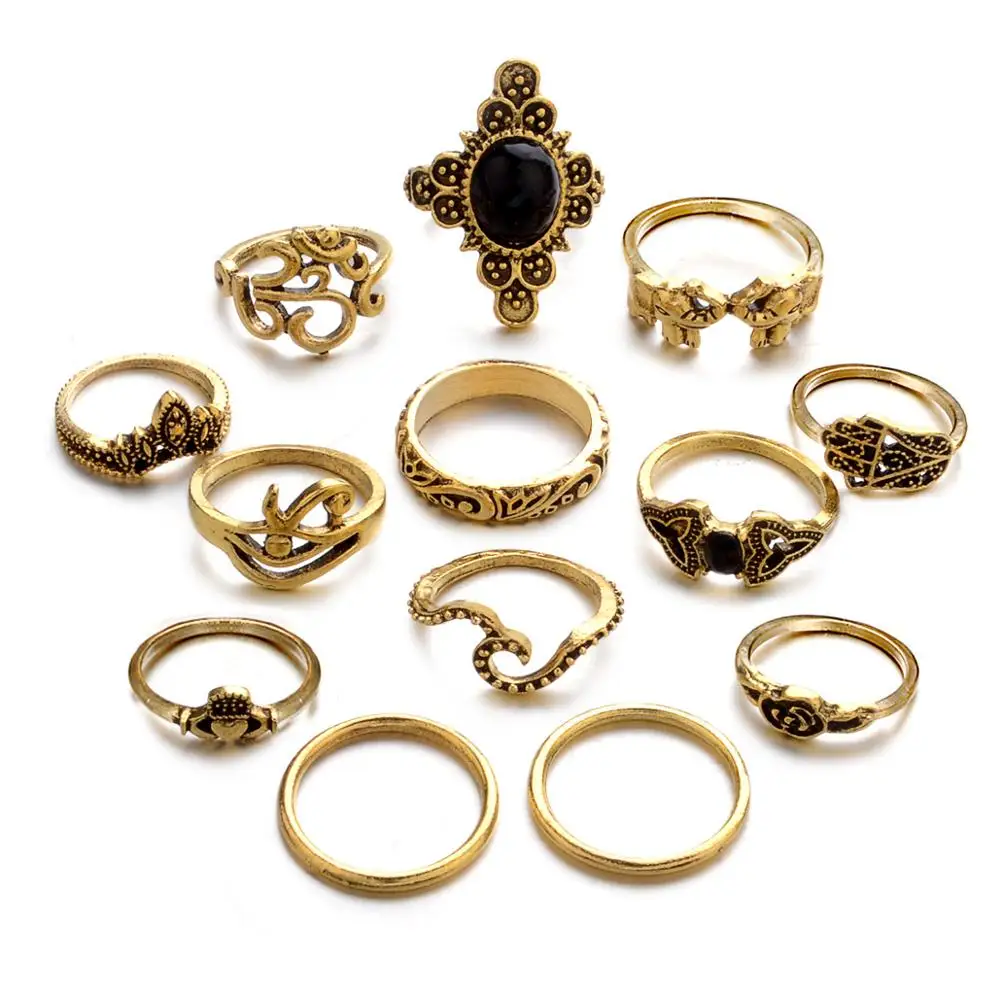 13 Pcs/Set Woman‘S Ring Retro Hand Flower Suit Elephant Crown Fashion Ladies decoration The New Wedding Friends Gift | Украшения и