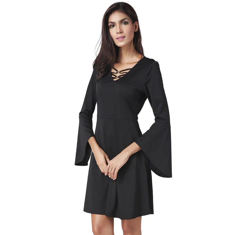 2017 Платья для женщин на лето и весну длинными расклешенными рукавами черные