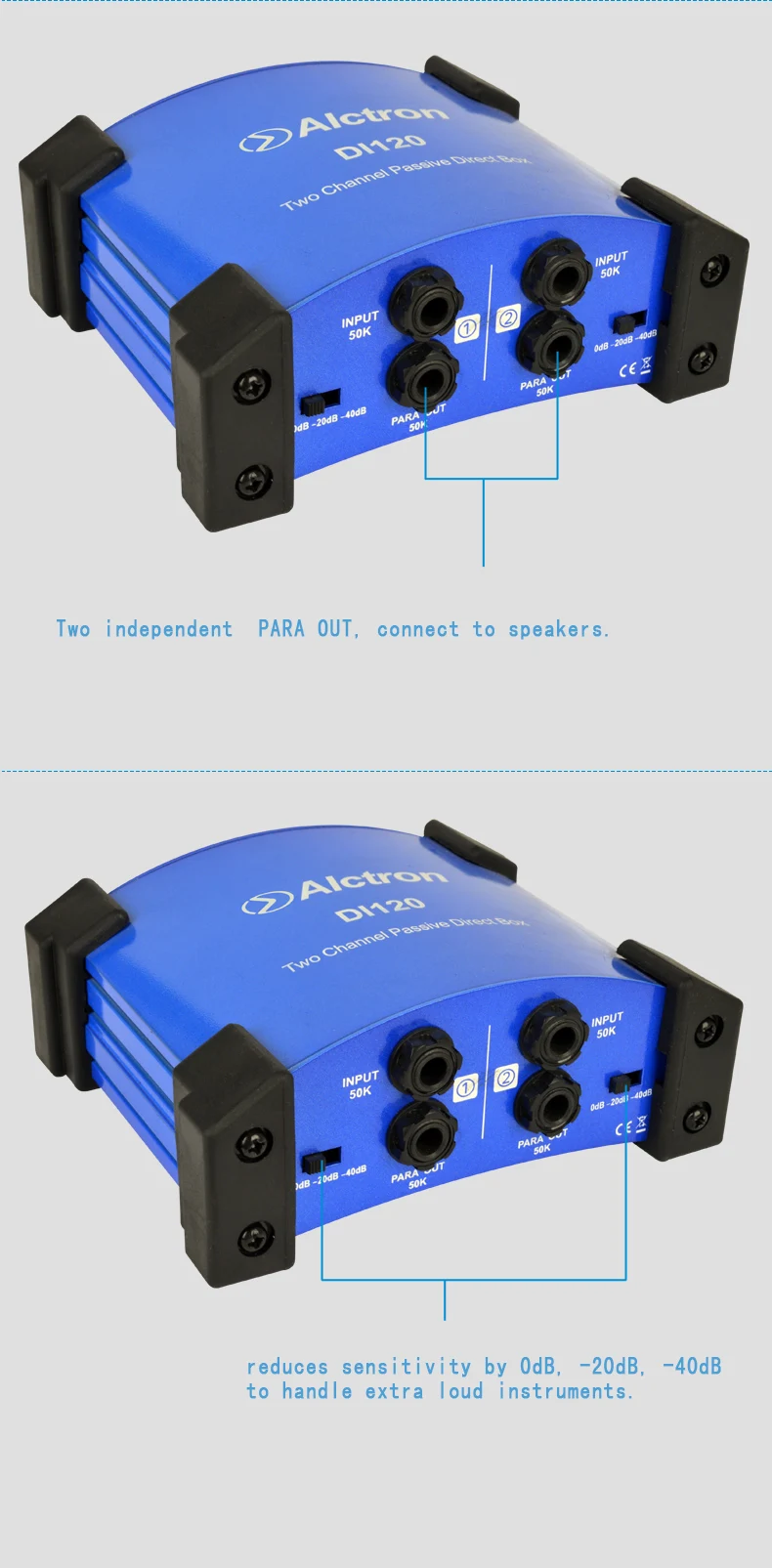 Alctron DI120 пассивный DI box используется для записи гитары и сценического исполнения отлично подходит для акустической и электрогитары с клавиатурой