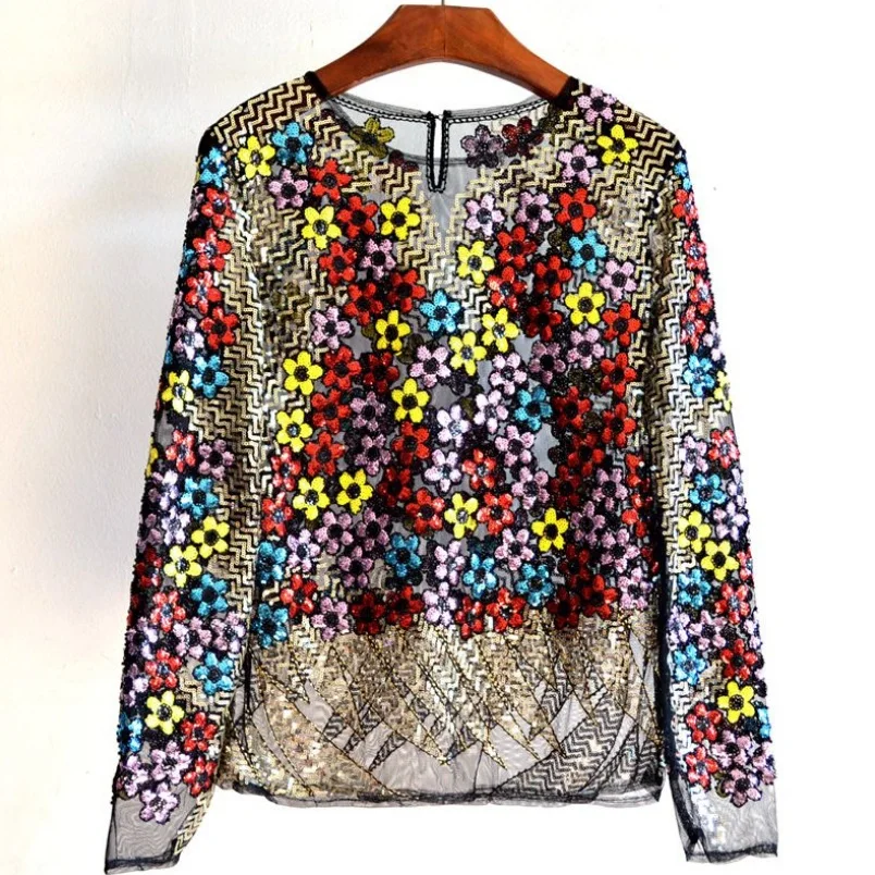 

Flora Beading Lace Blouse Spring Perspective Sexy Blouse Women Sexy Sequined Pullover Blouse