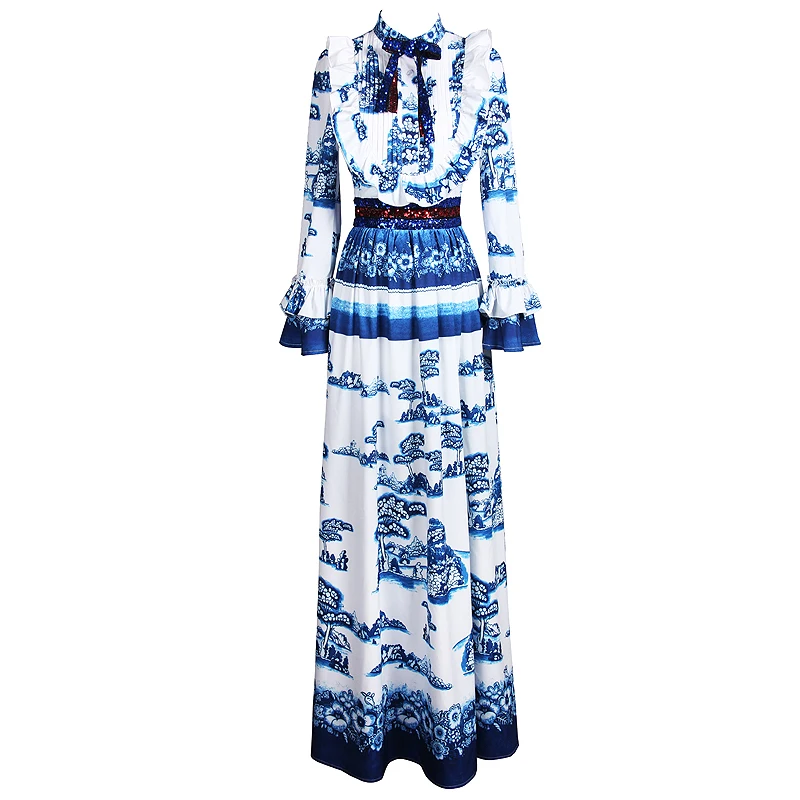 Длинное платье подиумное плиссированное с блестками на талии S-4XL лето-осень 2019 |