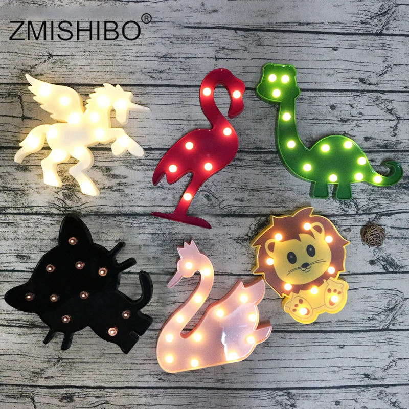 ZMISHIBO светодиодный ночник для декорации животных Единорог Лошадь панда Лев енот динозавр Фламинго розовый Лебедь детская прикроватная лампа