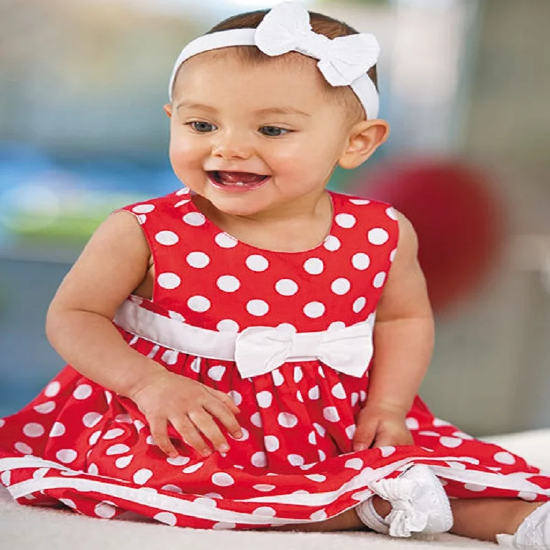 Летнее милое платье для новорожденных красное хлопковое в горошек принцессы
