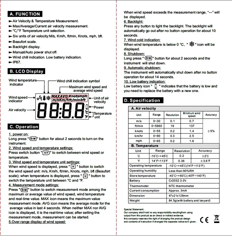30 м/с, цифровой анемометр, шкала Бофорта, IP67, скорость воздуха-10~ 45C, температура ветра, скорость охлаждения, индикатор, измерительный прибор WT816A