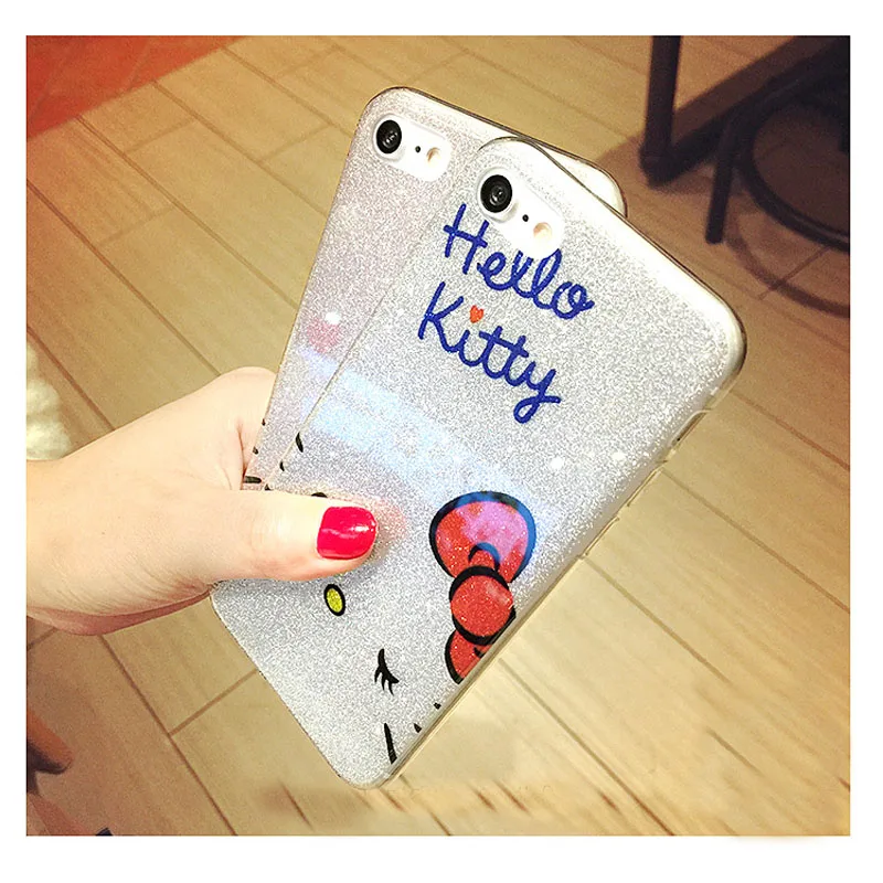 Draw Original Cute Hello Kitty Bling Glitter edge Soft Phone Case for iPhone 7 6s Plus Shine Back Cover iphone 8 X | Мобильные