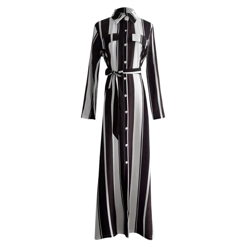 Женское платье рубашка повседневное длинное в полоску с длинным рукавом и