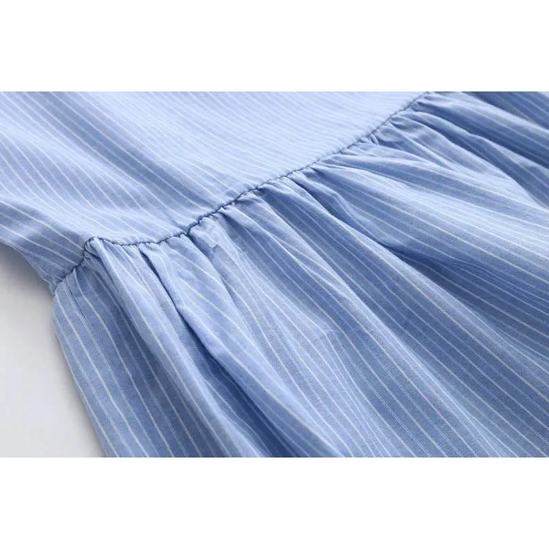 Платье женское летнее в белую и синюю полоску с бантом коротким рукавом|dress