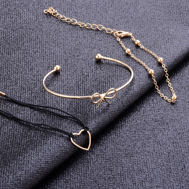 Fashion accessories alloy gold Bowknot heart beads black rope chain 3 pieces set of open Bracelets for women jewelry bangle gift | Украшения
