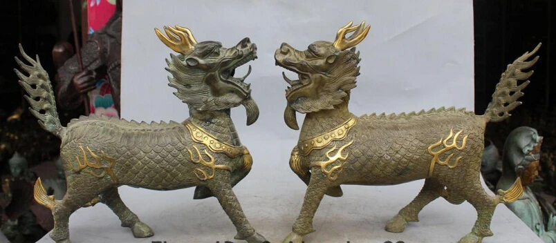 

xd 001499 13"Chinese Bronze Gilt Phylactery Dragon Beast Kylin Chi-lin Unicorn Kirin Pair