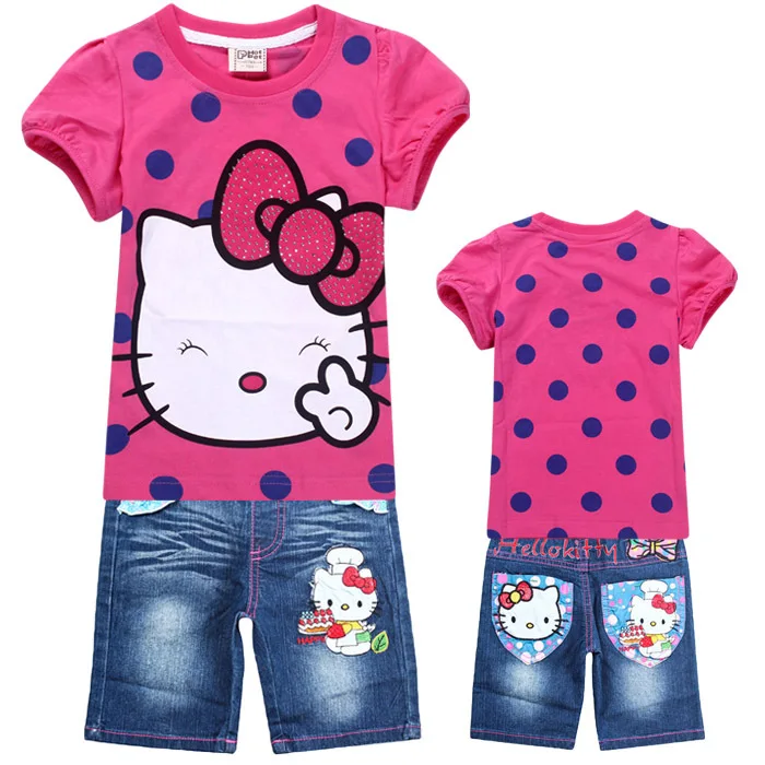 Wholesale New 2014 Summer Kids Clothing Set Cute Dots Hello Kitty t shirts + Pants Jeans Shorts Outfits Girls | Мать и ребенок