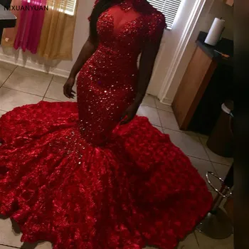 Delicate Beads Red Prom Dresses Mermaid High Neck Long Sleeves 3D Floral Sweep Train Evening Gowns Plus Size Red Carpet Dresses