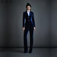 dark blue velvet womens business suits formal office pant suits female work wear 2 piece sets slim fit uniform designs blazers