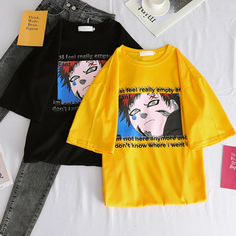 Одежда для пар, свободные футболки для женщин, Harajuku, японский мультяшный аниме, простая универсальная уличная футболка унисекс, летняя футболка, топ