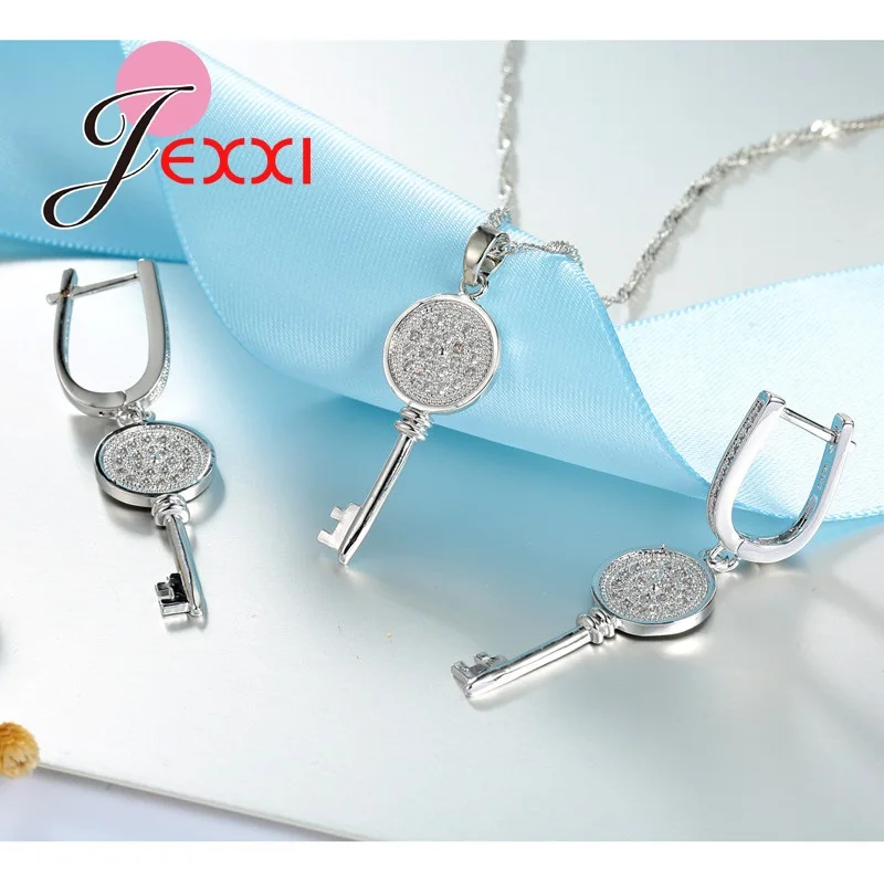 

Round Pan Design Silver Women Jewelry Sets With 1pc Necklace Chain+1pair Earrings High Quality Crystal CZ Settings Jewelry