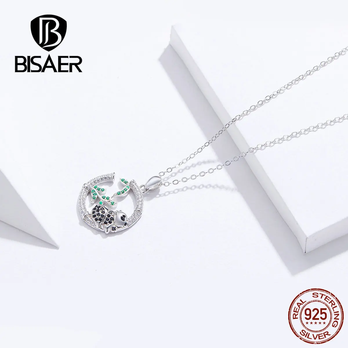 Колье bisaer Новое поступление 925 пробы серебро Бамбук& ожерелье с подвеской в виде панды для женщин Стерлинговое серебро ювелирные изделия HVN079