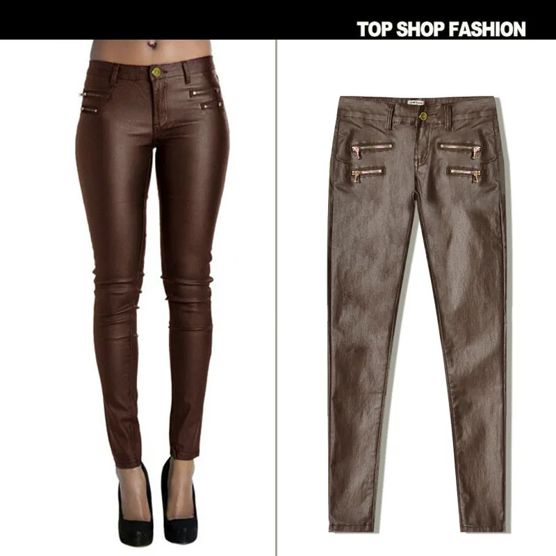 

New wear brown small waist elastic double zipper foot trousers - selling PU imitation leather pants have big yards