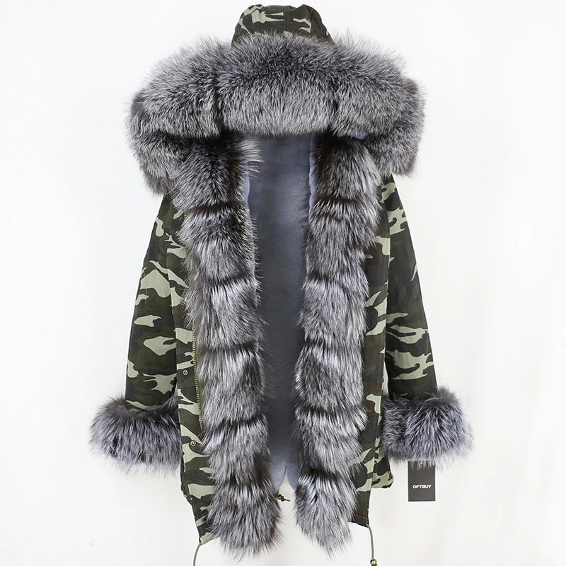 camo silver OFTBUY парка, зимняя куртка, женское меховое пальто, натуральный Лисий мех, воротник, Толстая теплая длинная парка, Большая Меховая верхняя одежда, съемная - Цвет: camo silver