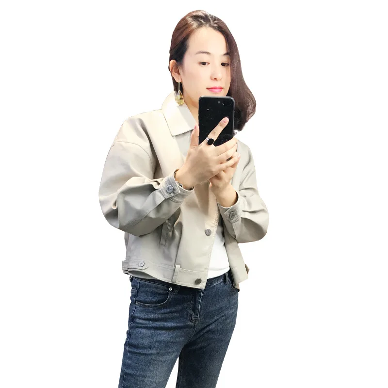 

Fashion loose fit faux leather jacket women turn down collar single breasted leather coat outerwear new 2019 autumn winter