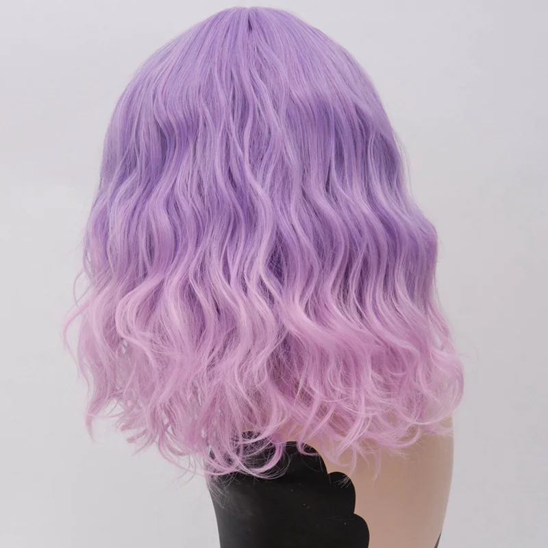 purple pink MSI Wigs два тона Короткие Косплей парики для женщин розовый белый волнистые Ombre парик с челкой Фиолетовый Омбре натуральные синтетические волосы парики - Цвет: purple pink