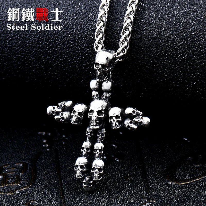 Steel soldier vintage skull viking cross pendant necklace for me 316l stainless steel punk rock jewelry