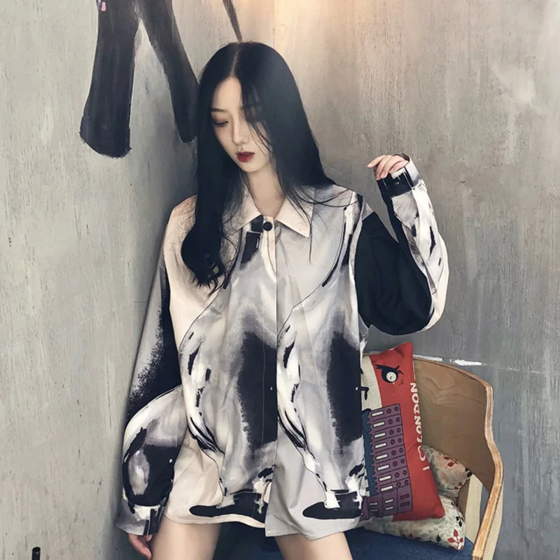 Neploe Harajuku Повседневная Свободная Женская блузка с рисунком весна лето рубашка с длинным рукавом Modis однобортная блузка 69834