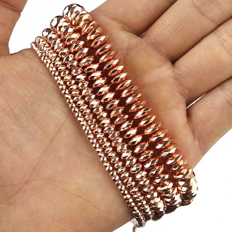 Rose Gold JHNBY плоским граненый круглый гематит бусины розовое золото, серебро, 3/4/6/8/10 мм Натуральный камень ювелирные изделия браслеты рукоделие своими руками - Цвет: Rose Gold