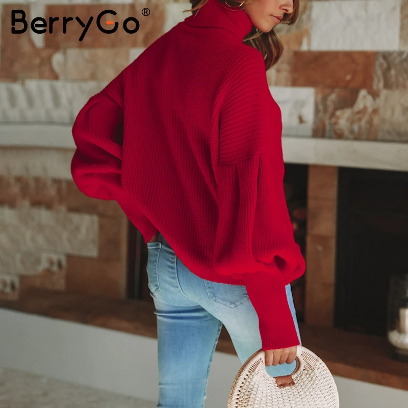 BerryGo красный вязаный свитер с высоким воротом для женщин винтажный