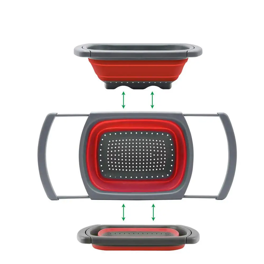1 Square Large Red Большой складной силиконовый дуршлаг для фруктов и овощей, корзина для мытья над раковиной, сетчатый фильтр, складной Слив с ручкой, кухонный инструмент - Цвет: 1 Square Large Red