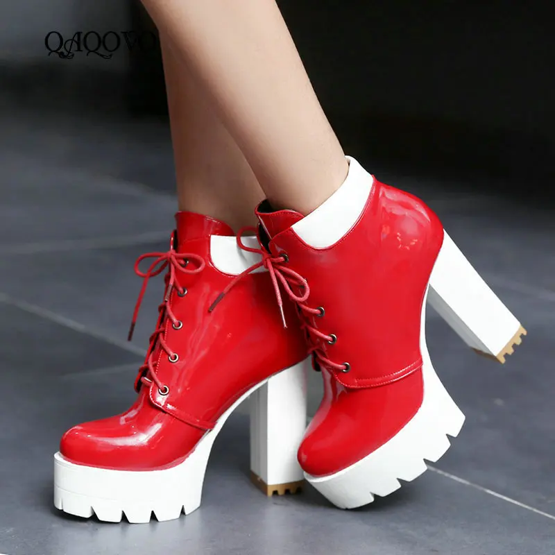 

New Fashion Boots Women Patent Leather Square High Heel Ankle Boots Platform Lacing Martin Boots Autumn Winter Female Shoes 2019